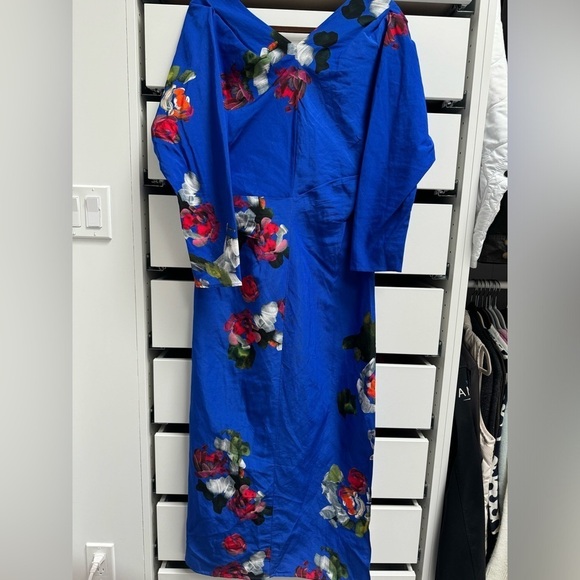 ZARA TRAF S/S 24 Hand Dyed Blue Floral Chinoserie Dress Draped Long Sleeve Sz M - Picture 11 of 12